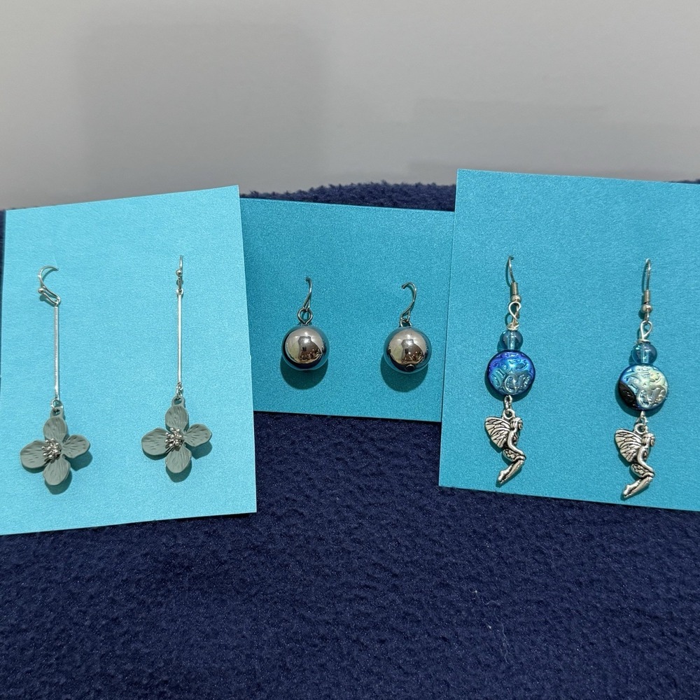 Lot Of 3 Earrings Fairy Iridescent Bead Dangle Silver Tone Ball Drop Clay Flower
